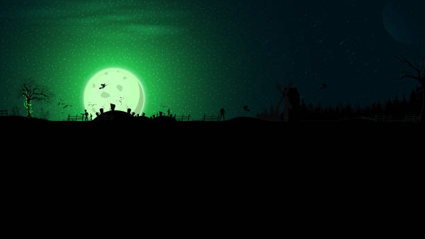 istock Halloween background, full green moon, dark forest, cemetery, zombie, witches, werewolves, ghosts and an old abandoned mill. Halloween background for your arts 1262317640