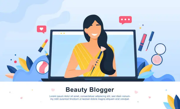 Vector illustration of Beauty Blogger with cosmetics icons and laptop