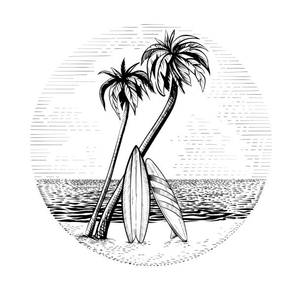 stockillustraties, clipart, cartoons en iconen met surfplanken onder de palmbomen, vector strand surfen ronde ontwerp. - tropical surf