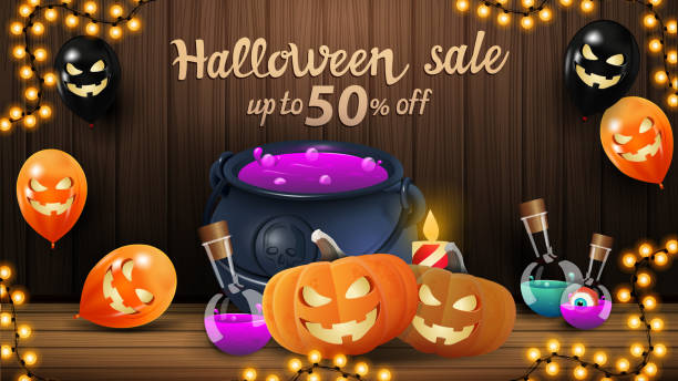 halloween sprzedaży, do 50% taniej, poziome baner zniżki z drewna ściany, balony halloween, kocioł czarownicy i dyni jack. szablon halloween dla twojej sztuki - 7679 stock illustrations