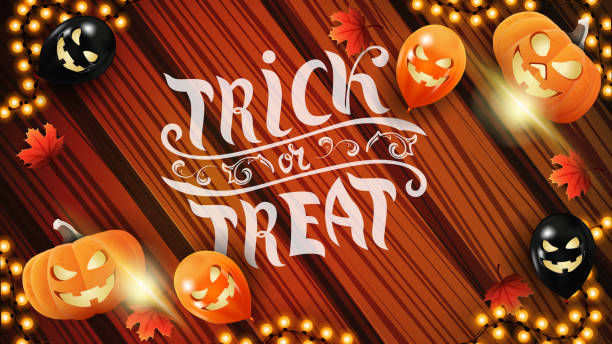 Trick or treat, horizontal greeting postcard with wood background, garland, pumpkin and autumn leafs. The view from the top. Trick or treat, horizontal greeting postcard with wood background, garland, pumpkin and autumn leafs. The view from the top. 7676 stock illustrations