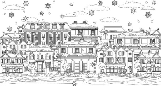 noel kar evleri boyama anahat sahne - chris snow stock illustrations
