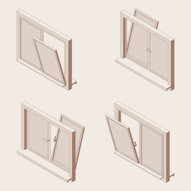 illustrazioni stock, clip art, cartoni animati e icone di tendenza di set di strutture isometriche di finestre aperte, finestre a doppia vetrata. illustrazione 3d - built structure cross section three dimensional shape house