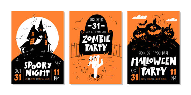 vektor-set von halloween-party-einladungen oder grußkarten mit handgeschriebenem text und traditionellen symbolen. - halloween stock-grafiken, -clipart, -cartoons und -symbole