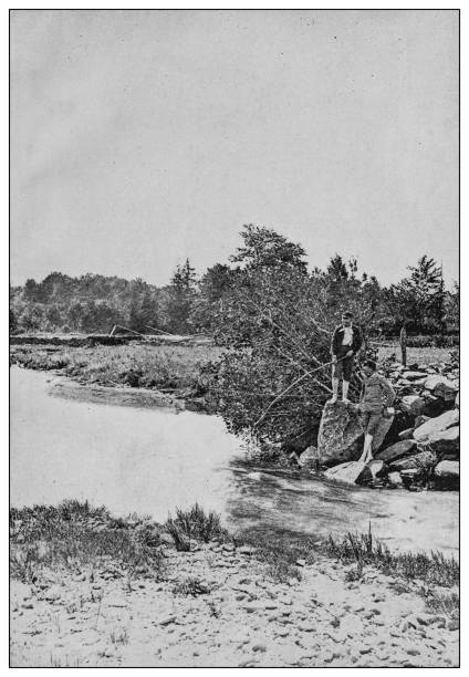 istock Antique black and white photo: River fishing 1262324671