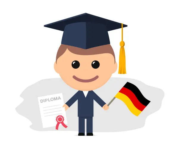 Vector illustration of Cartoon graduate with graduation cap holding diploma and flag of Germany