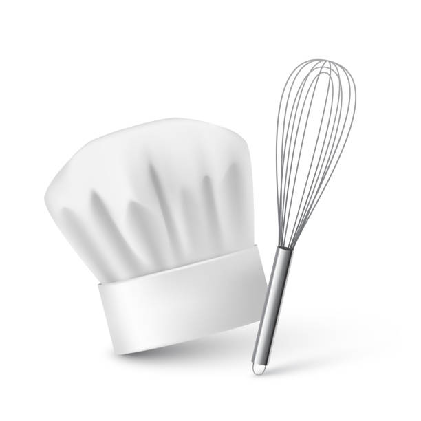 Realistic chef hat and kitchen whisk on plain background Vector illustration of cooking hat on a plain background egg beater stock illustrations