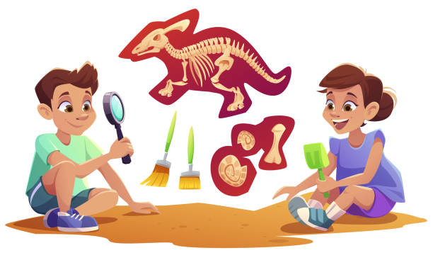 illustrazioni stock, clip art, cartoni animati e icone di tendenza di bambini che giocano negli archeologi che lavorano agli scavi - paleontologo