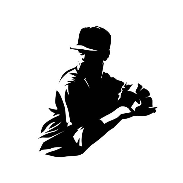 ilustraciones, imágenes clip art, dibujos animados e iconos de stock de logotipo de lanzamiento de lanzadores de béisbol. silueta vectorial aislada - baseball silhouette pitcher playing