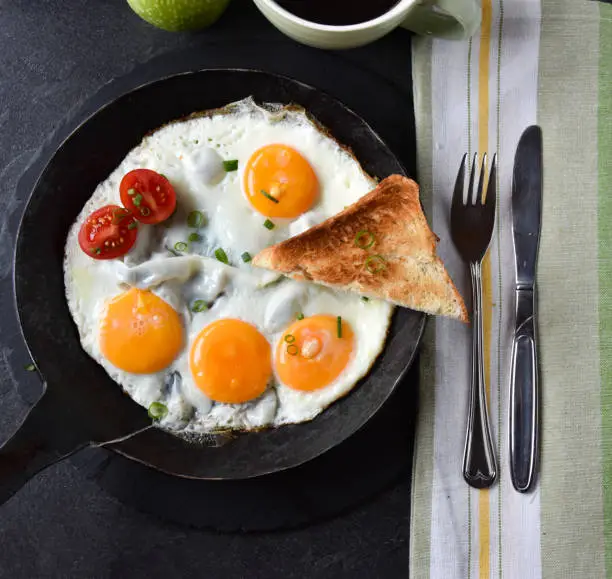 fried egg sunny side up in a  frying pan - Rustic traditional breakfast served on a dark table with a mug of coffee and toasted bread