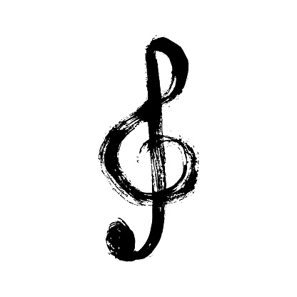 Vector grunge illustration of hand drawn black treble clef isolated on the white background.