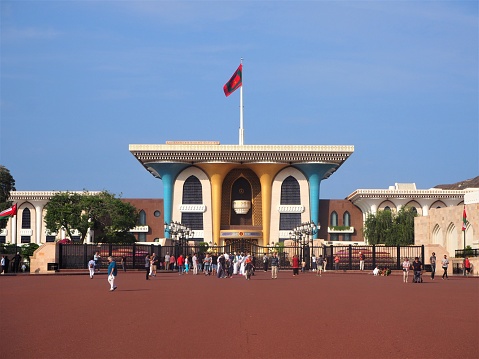 Mutrah, Muscat, Oman - November 14, 2022: Al Alam Sultan Palace in Muscat, Oman. Arabian Peninsula.