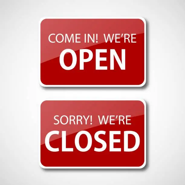 Vector illustration of Realistic red open and closed sign for door. Open and Closed shop sign