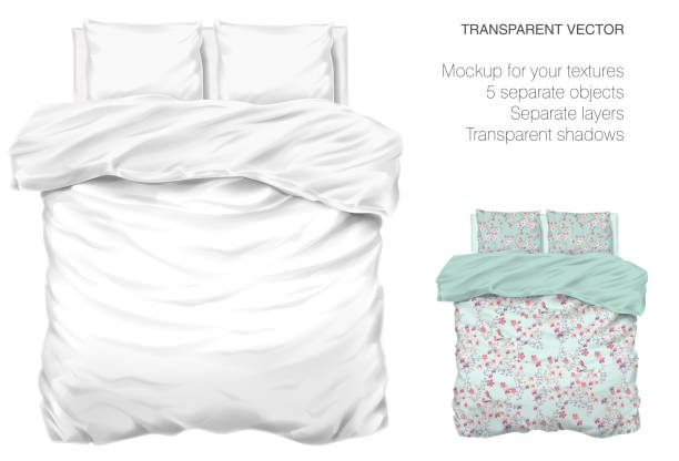 illustrazioni stock, clip art, cartoni animati e icone di tendenza di vector blank white bed mock up per il tuo design e le trame del tessuto. cuscini e coperta con ombre trasparenti. vista dall'alto - bedroom pillow duvet blanket