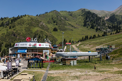 Almaty, Kazakhstan, August 6 2018: Mid station of the Ski Resort Shymbulak Mountains during the summer