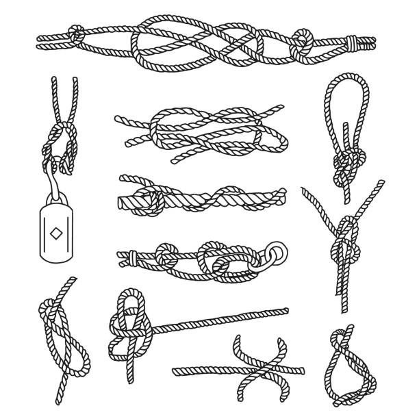 ilustraciones, imágenes clip art, dibujos animados e iconos de stock de conjunto de garóculas de nudos de cuerda - tied knot illustrations