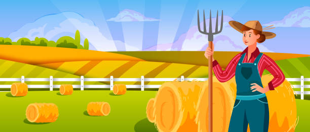 건초 더미 근처 피치 포크와 여성 농부. - wheat sunset bale autumn stock illustrations