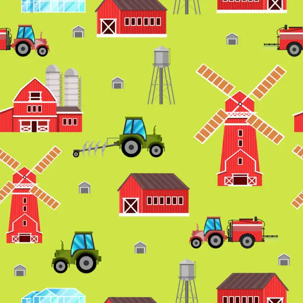 Vector illustration of Farm seamless pattern with barn, windmill, tractor, water tower, red houses on green background.
