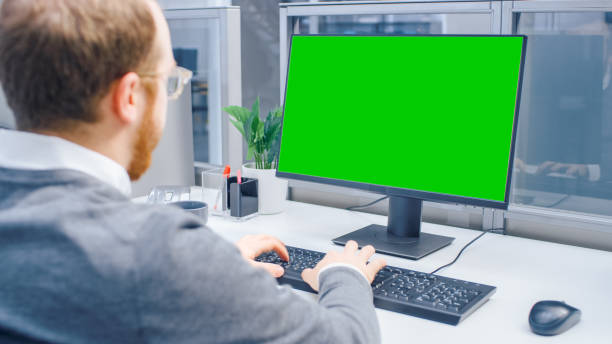 istock Over the Shoulder Shot of Motivated Office Worker Using Green Mock-up Screen Desktop Computer in the Big Bright Open Space Office 1262359280