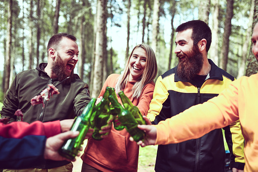 Cheers For Forest Camping And Skewer Barbecue Dinner