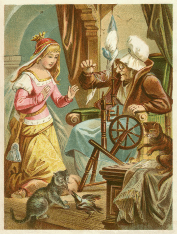 Sleeping Beauty discovers the tower room with the old woman at a spinning wheel. A fairy tale by the Brothers Grimm. Lithograph, published in 1873.