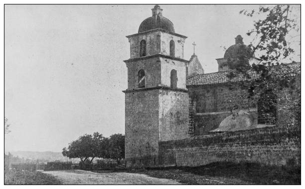 istock Antique black and white photo: Mission Church, Santa Barbara 1262370141
