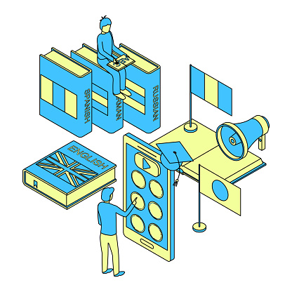 Language Learning Graphics 3d Language School Infographics Concept 3d Isometric View Vector Stock ...