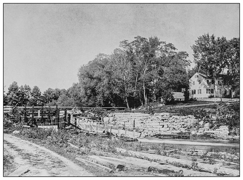 Antique black and white photo: Ruins of burnt lumber mill, Raymond, Maine