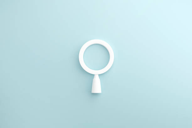 White search or magnifying glass on Blue Background, 3d render, minimal and copy space.