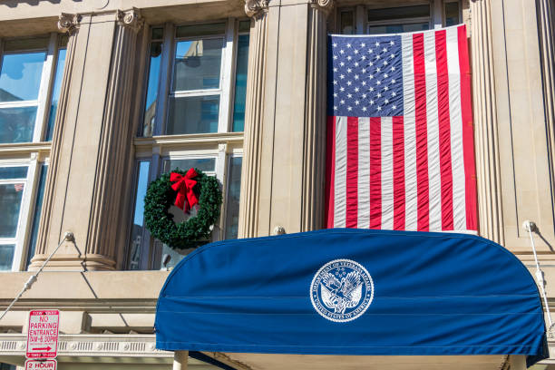 U.S. Department of Veterans Affairs Offices with an American Flag Hanging stock photo