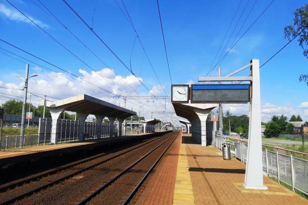 istock Railway station with a board of train timetables, a canopy from the rain 1262384100