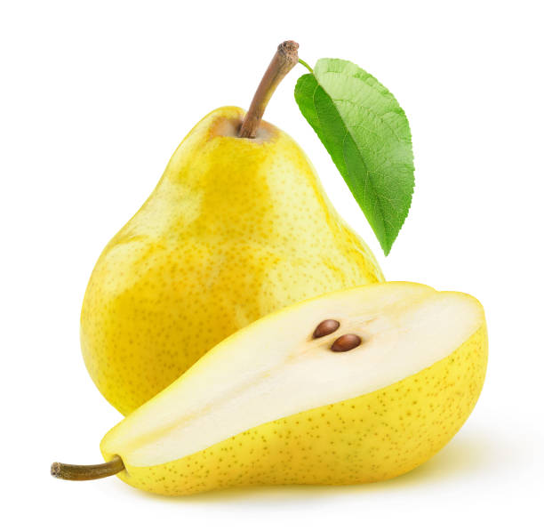 One and a half pears isolated over white background Isolated yellow pears. One and a half pears isolated over white background bartlett pear stock pictures, royalty-free photos & images