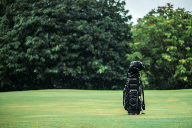 golf bag on the golf course - damp course imagens e fotografias de stock