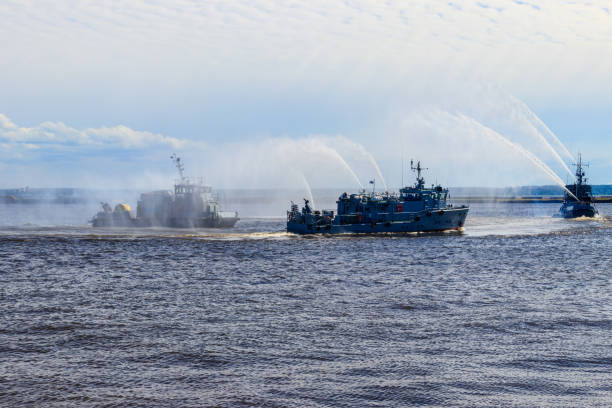 istock Extinguishing a burning ship during naval exercises 1262389116
