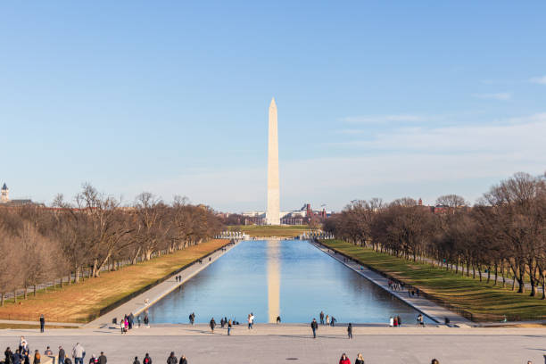 Washington Monument and Reflecting Pool The Washington Monument viewed from the steps of Lincoln Memorial on a clear day, reflection clear in the Reflecting Pool. washington monument reflecting pool stock pictures, royalty-free photos & images