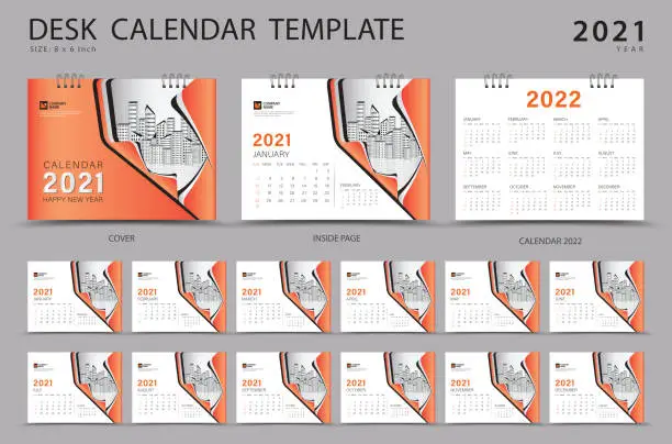 Vector illustration of Desk calendar 2021 set template with Calendar 2022 design, Orange cover design, Corporate design planner, Week Starts on Sunday. Set of 12 Months.