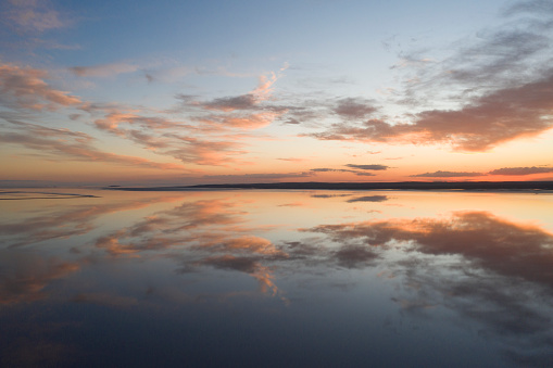 Beautiful sunset over the Salt Lake in Turkey. Taken via drone.