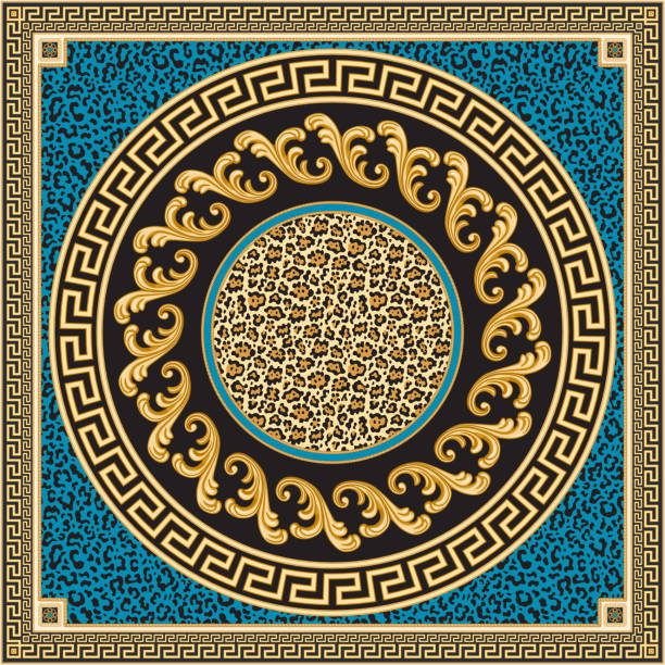 illustrations, cliparts, dessins animés et icônes de imprimé de tapis vectoriel sur un fond noir, turquoise et léopard de peau. motif à la mode des chaînes d’or, rouleaux de fantaisie baroque, ondes de méandres grecques. 7 pinceaux de motif dans la palette de pinceau - textile pattern rug floral pattern