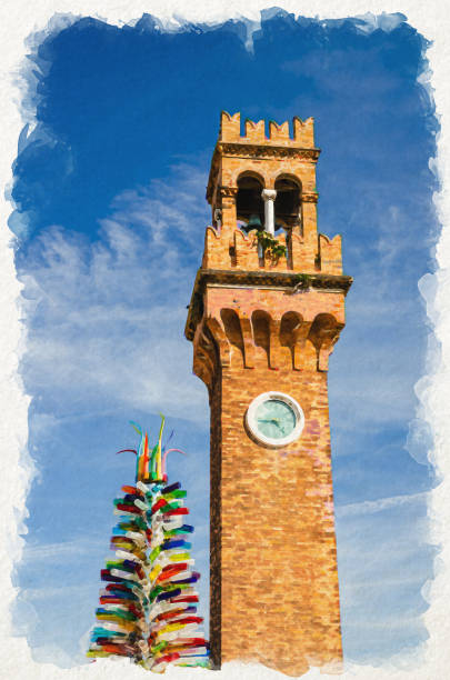 watercolor drawing of top of murano clock tower torre dell'orologio - stefano imagens e fotografias de stock