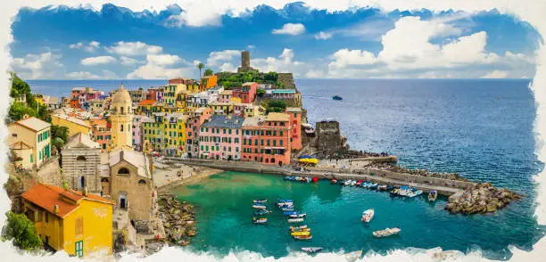 Photo of Watercolor drawing of Vernazza village with typical colorful multicolored buildings