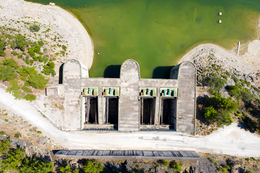 Aerial view of water dam in Antalya, Turkey. Taken via drone.