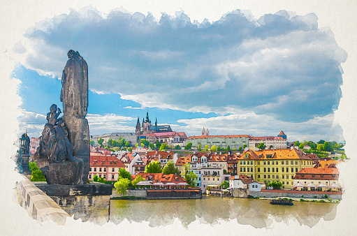 Watercolor drawing of Saints Cyril and Methodius statue on Charles Bridge Karluv Most over Vltava river. Prague Castle, St. Vitus Cathedral, blue sky white clouds, Bohemia, Czech Republic