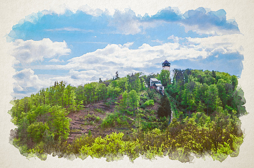 Watercolor drawing of Diana Observation Tower Rozhledna Diana and funicular on hill above Slavkov Forest with green trees and Karlovy Vary Carlsbad town, blue sky white clouds, Czech Republic