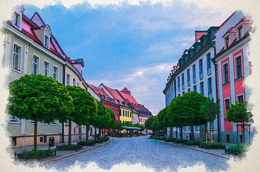 Watercolor drawing of Cobblestone street road with colorful multicolored buildings and green trees in old town historical city centre, evening view, Ostrow Tumski, Wroclaw, Poland