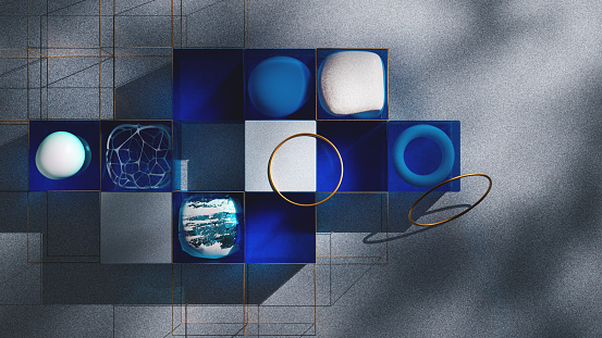 Various objects inside blue and white cubes