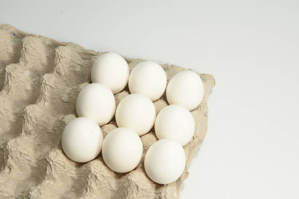 Nine white eggs in a tray Top view of nine white eggs in an egg tray sabby stock pictures, royalty-free photos & images