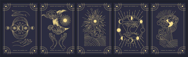 Set of five mystery cards in black and gold Set of five mystery cards in black and gold with intricate designs over a black background, colored vector illustration alchemy symbols stock illustrations