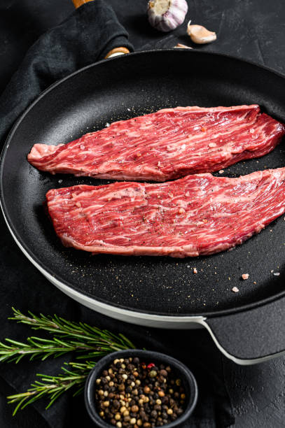 istock Raw flank steak in a pan. Marble beef black Angus. Black background. Top view 1262409242