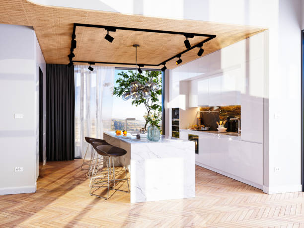 istock 3d render of luxury house kitchen and bar counter 1262409443