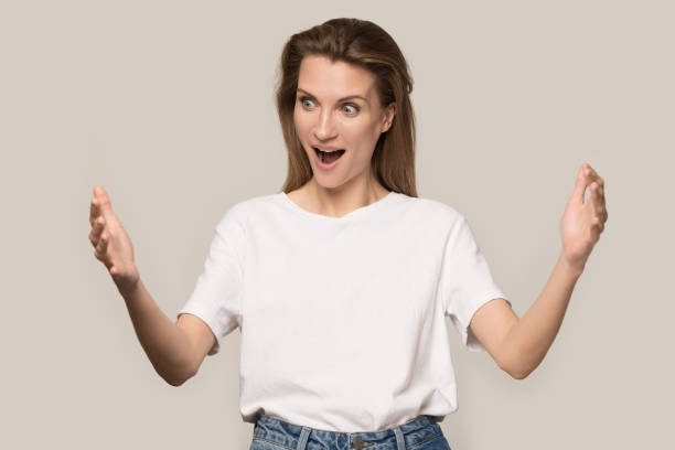 istock Amazed woman feel amazed by large scale measurement 1262412424